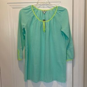 J Crew women’s beach tunic coverup; sz S; soft green w yellow trim,cotton; NWT